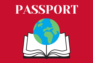 red rectangle with word passport and an image of a globe on top of an open book