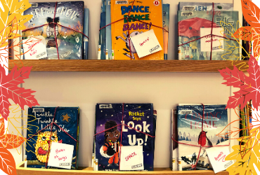 Photo of picture book bundles on display in the library.
