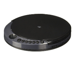 Image of a black disc shaped cd player