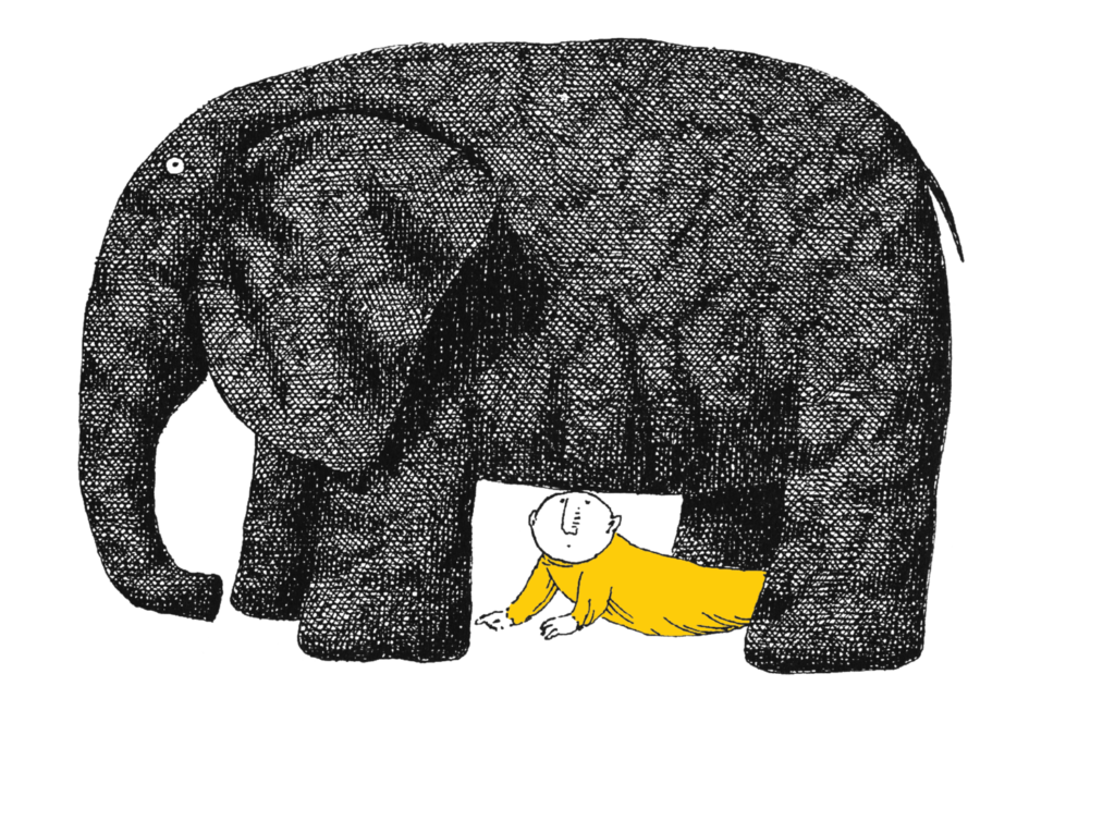 picture of an elephant and a boy in yellow clothing