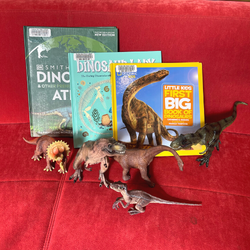 three dinosaur books and five plastic dinosaurs against a red background