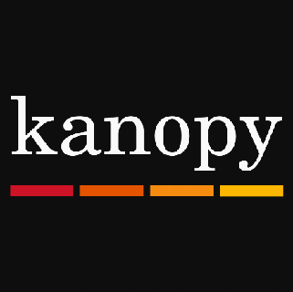 Logo for kanopy. The text is in white. Underneath is a thin dashed line in a gradient from red to orange to yellow orange to yellow.