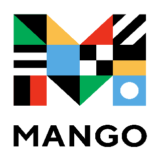 Logo for Mango languages. There is a large M with multiple patterns and colors. Below that in black text is the word Mango.