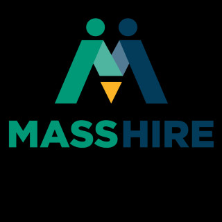 Graphic and word logo for MassHire. There is an m composed of two people leaning towards each other over the words Mass Hire